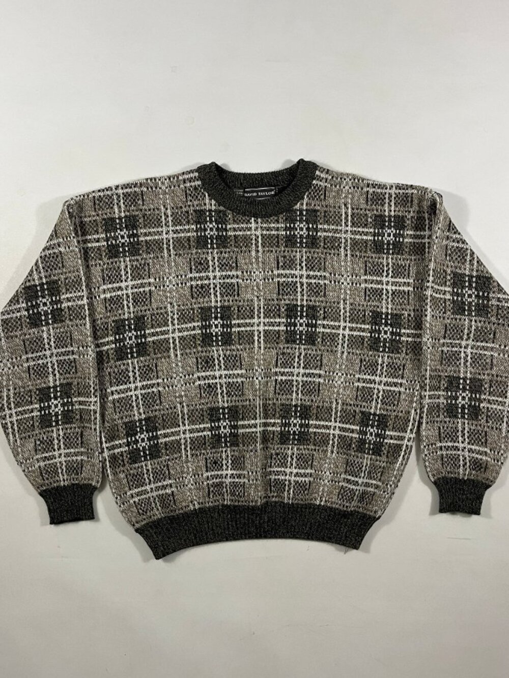 Vintage 90s David Taylor Gray Plaid Windowpane Knit Grandpa Sweater XL